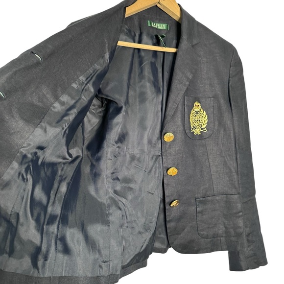 Ralph Lauren Navy Blue Embroidered Crown Crest Linen Blazer Size 4 - Picture 3 of 9